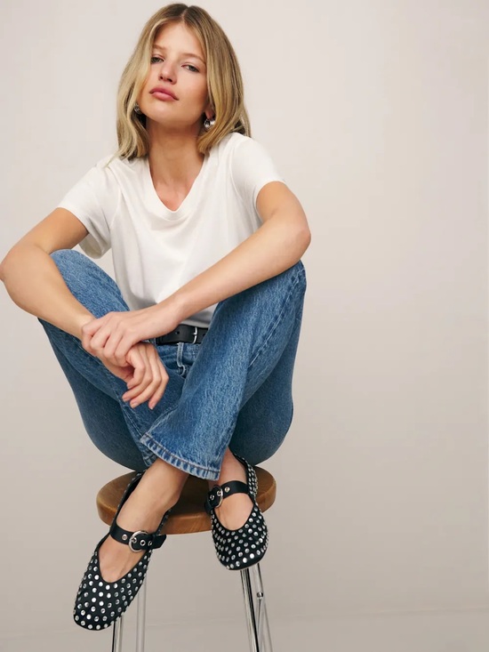 Reformation Shoes - Reformation • Bethany Ballet Flat mary jane black silk rhinestone crystal stud